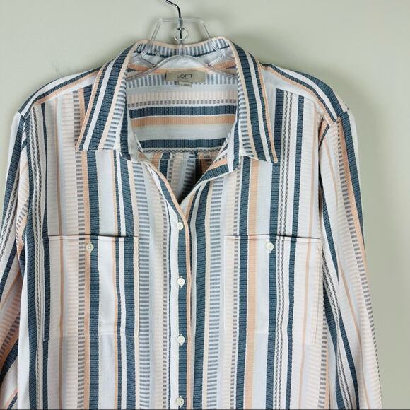 Loft blue white peach striped coastal textured button front shirt top - Picture 2 of 7
